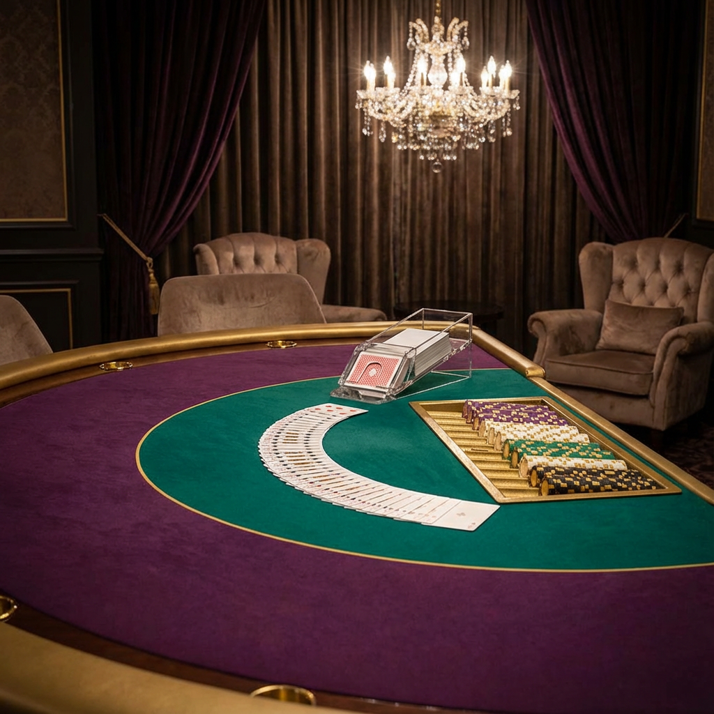 Mesa de bacará con cartas y fichas