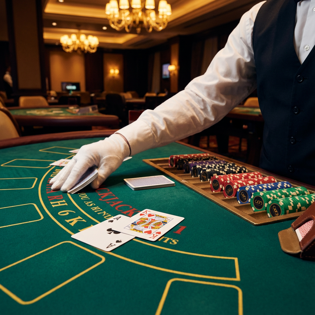 Mesa de blackjack con cartas y fichas